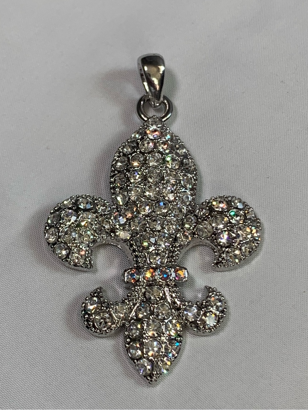 Fleur de Lis Aurora Clear Crystal Pendant Silver Tone Saints